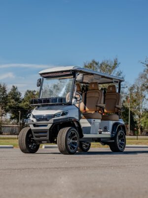 Conquest S40F 4-seater forward-facing golf cart, front three-quarter view