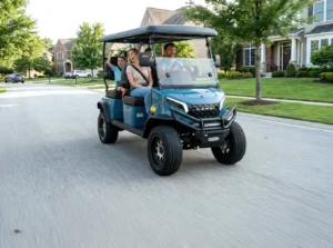 Family riding in a blue Kandi Kruiser 4Pro Forward on a neighborhood street