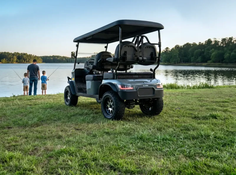 Grey Kandi Kruiser 4Pro Forward parked by a lake while a family fishes