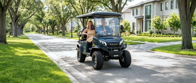 Couple driving a Kandi Kruiser 4Pro on a neighborhood street