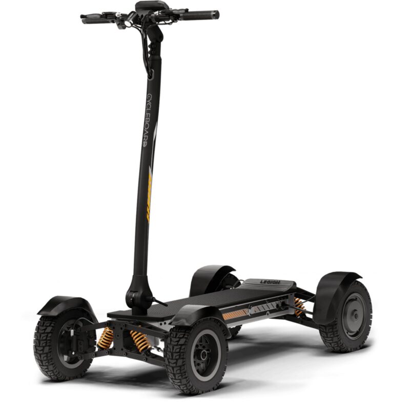 CycleBoard X-Quad 3000 four-wheel electric board, studio front three-quarter view – available at Family Golf Carts Dallas
