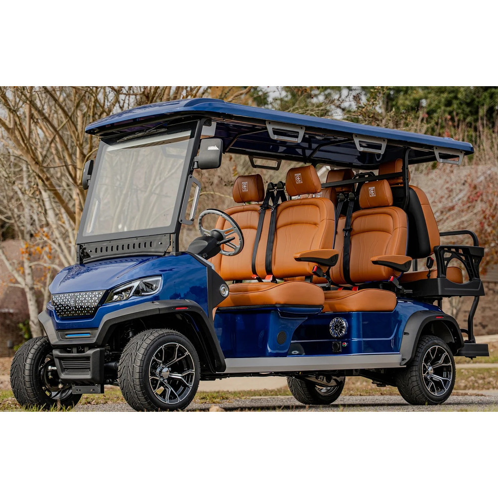 Blue Conquest S6 six-seat golf cart parked on a Dallas neighborhood street – Family Golf Carts