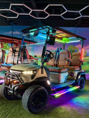 EDGE EV Phantom 4 golf cart in Champagne Pearl with light-up footrail