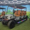 EDGE EV Phantom 6 six-seat golf cart in Nardo Gray with saddle brown seats, red roof lights and rainbow LED running boards at the Family Golf Carts Dallas showroom