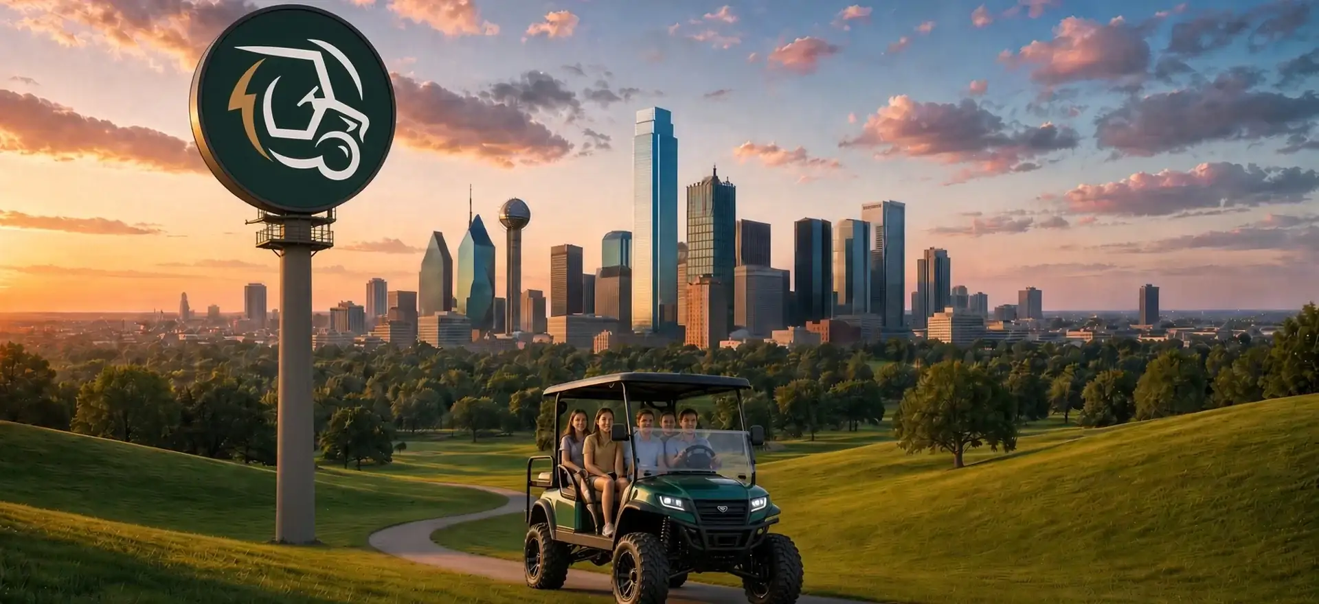 Golf cart with the Dallas skyline